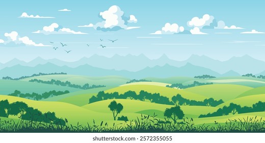 View of summer landscape, spring hills, green meadows and hills, bird flock, vector illustration