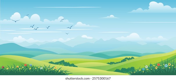 View of summer landscape, spring hills, green meadows and hills, bird flock, vector illustration