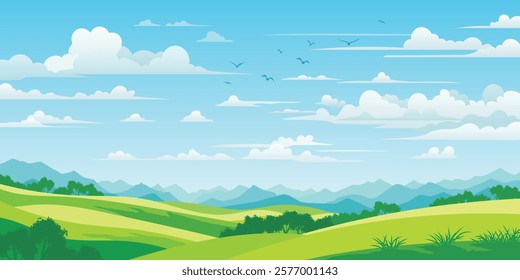 View of summer landscape, spring hills, green meadows and hills, bird flock, vector illustration