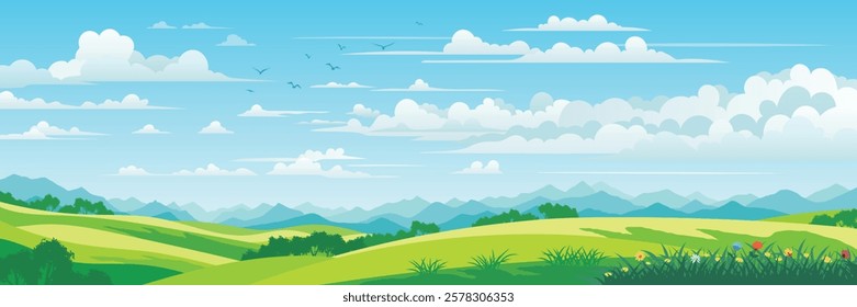 View of summer landscape, spring hills, green meadows and hills, bird flock, vector illustration