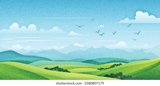 View of summer landscape, spring hills, green meadows and hills, bird flock, vector illustration