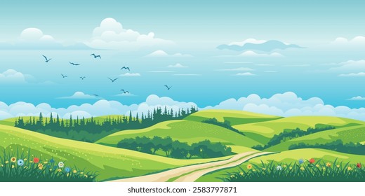 View of summer landscape, spring hills, green meadows and hills, rural road, bird flock, vector illustration