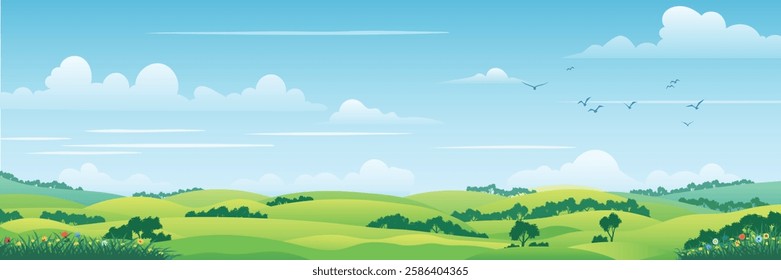 View of summer landscape, spring hills, green meadows and hills, bird flock, panoramic view, vector illustration