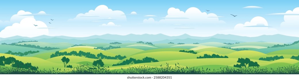 View of summer landscape, spring hills, green meadows and hills, bird flock, panoramic view, vector illustration