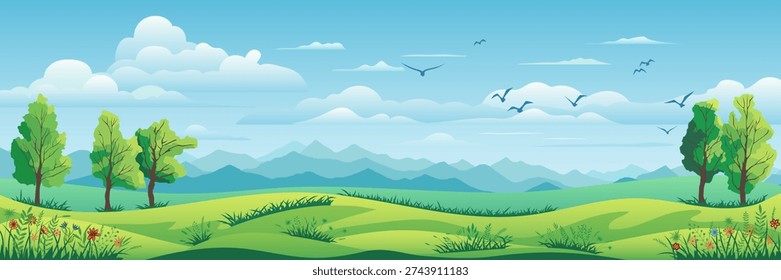 View of summer landscape, spring hills, green meadows and hills, bird flock, vector illustration