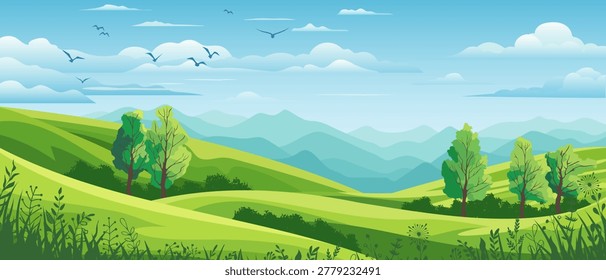 View of summer landscape, spring hills, green meadows and hills, bird flock, vector illustration