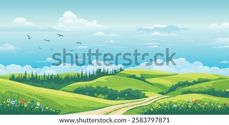 View of summer landscape, spring hills, green meadows and hills, rural road, bird flock, vector illustration
