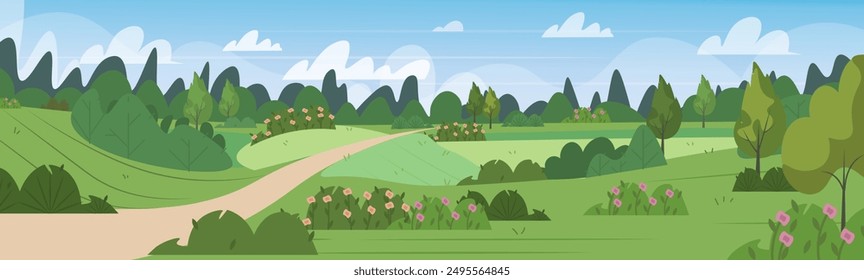 Vista del paisaje de verano. Valle con árboles, plantas, hierba verde, colinas, campo, bosque y fondo de cielo azul. Ilustración vectorial plana moderna