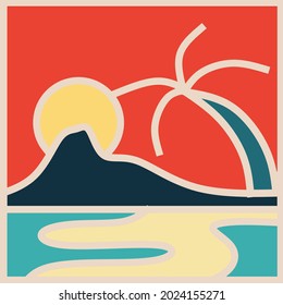 the view of the sun on the beach behind a hill and a palm tree vector illustration design available for banners, labels, murals and more