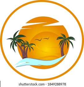 The view of the sun setting over the mountains. Wild nature background vector illustration with circle outline concept