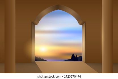 view of sunlight at the door of temple on the mountain in the morning