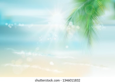 View of the sunny beach with a palm tree. Blue Lagoon. Vector Illustration.