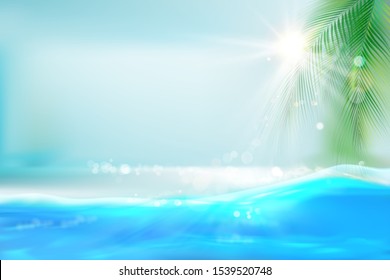 View of the sunny beach with a palm tree. Blue ocean. Tropical resort. Vector Illustration. 