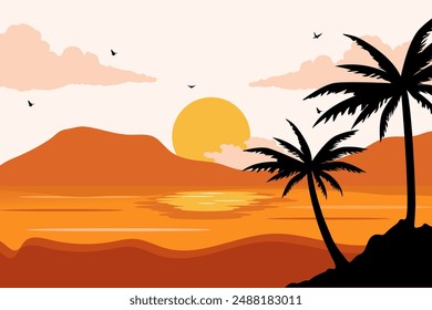 View of a sunrise on the beach. Summer day vector illustration poster design template