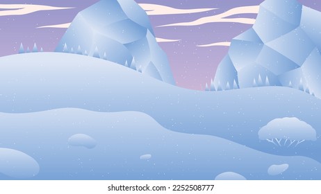VIEW OF THE SUNSET BEHIND THE ICEBERG is a vector illustration showing a view of an iceberg
and the sun is starting to set. There are also several pine trees covered in thick snow.