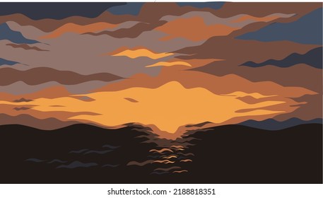 A view of the sunset with a golden sky on the beach