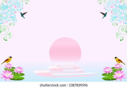 
The view of the sunset has two yellow birds on pink lotus and two hummingbirds on the top flowers. With a pink background