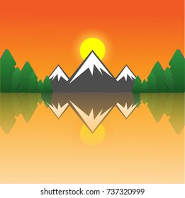 View of Sunset landscape with reflection. Vector illustration