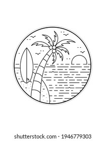 vistas a la puesta de sol en la playa con tablas de surf y cocoteros en arte monolínea, diseño de placa de parche, diseño de emblema, diseño de camiseta