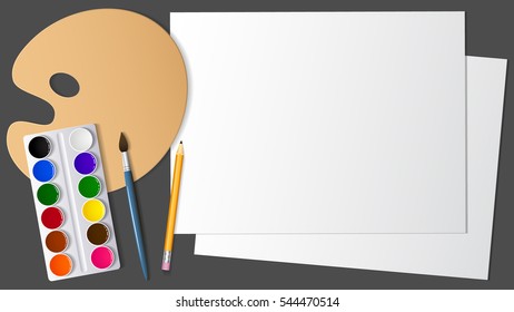 View of the surface of the desktop with the expansion it artistic and stationery. Design and creativity. Background and place for text. Vector illustration.