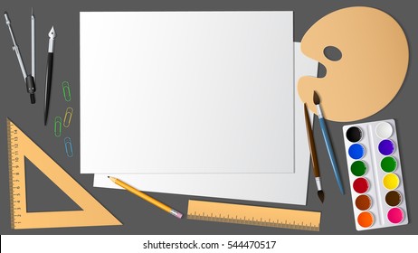View of the surface of the desktop with the expansion it artistic and stationery. Design and creativity. Background and place for text. Vector illustration.