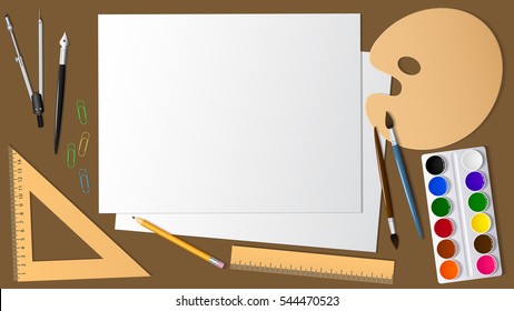 View of the surface of the desktop with the expansion it artistic and stationery. Design and creativity. Background and place for text. Vector illustration.