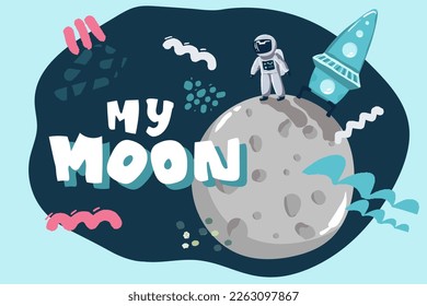 view from surface of the Moon to Earth. Hand drawn vector illustration, cosmos background