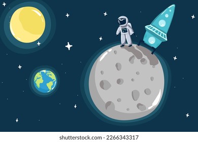 view from surface of the Moon to Earth.Hand drawn vector illustration,