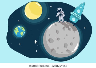 view from surface of the Moon to Earth.Hand drawn vector illustration