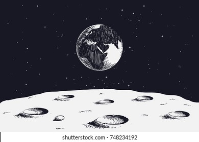 view from surface the Moon to Earth Hand drawn vector illustration