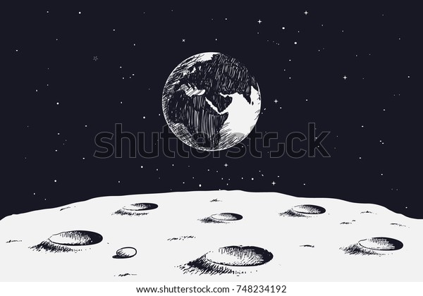 view from surface of the Moon to Earth.Hand\
drawn vector illustration