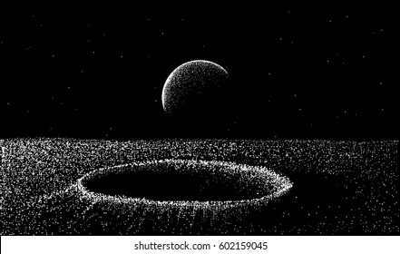 view to surface of Moon.Dotwork engraved style.Vector illustration