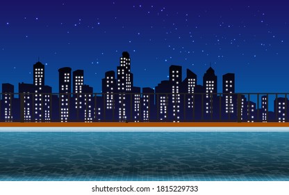 view of swimming pool on the high building in the city in the night