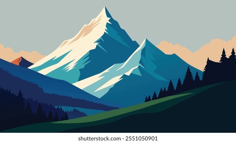 view of the Swiss Alps, showcasing majestic mountains and lush valleys, a perfect destination for travelersflat vector illustration.