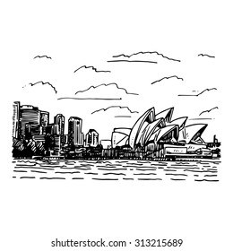 View Of The Sydney Opera House, Australia. Vector Freehand Pencil Sketch.