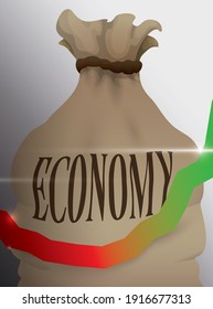 View of symbolic satchel with red and green ascending arrow depicting the economic recovery after crisis.