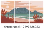 view of table mountain south africa poster vector illustration, set of cape town minimalist poster design