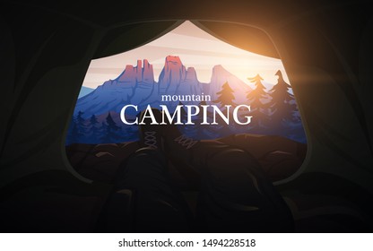 View from the tent to the mountains. Hiking and camping concept. Amazing Foggy landscape. Swiss or Austrian Alps. Background for travel banner or poster.
