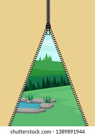 View from a tent on nature and trees. Flat vector illustration.