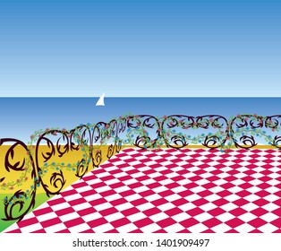 View from the terrace to the sea beach. Vector illustration