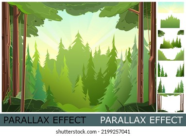 Blick auf dicken Taiga. Bild von Schichten für Overlay mit Parallaxeffekt. Schöner Kiefernwald. Wilde Blumenlandschaft. Illustration im Cartoon Stil flach Design. Vektorgrafik.