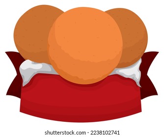 View of three delicious fritters server over a napkin in a red empty ribbon like a basket.