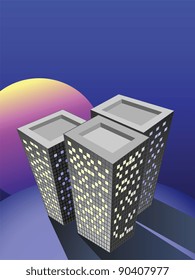 View of three skyscrapers at the sunrise. Vector illustration