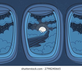 View through airplane window with aircraft wing, moon, clouds, and starry night sky, creating peaceful travel atmosphere, aviation mood, and dreamlike journey