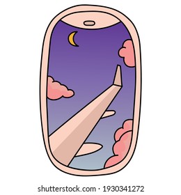 View Through The Airplane Window. Cartoon Vector Illustration