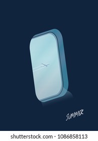 View through airplane window on another plane. Symbol of summer vacation, traveling, adventure, journey. Eps10 vector illustration.