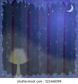 View Through Frosted Window to the Winter Snowy Night. Frame for Christmas  Greeting Cards