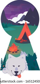 View through the keyhole of the forest, mountains, meadow with a tent, bushes of berries and a cute dog Samoyed husky. Campfire with a smiling dog