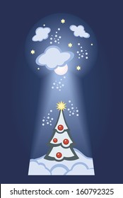 view through keyhole to winter scenery with ornamented Christmas tree symbolizing Advent season and pleasant anticipation of Christmas, vector illustration
