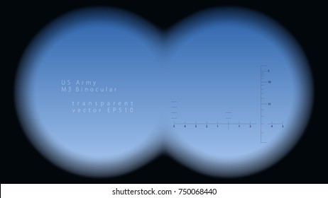 View through the military binoculars. Vector realistic frame with a blurred edge of the stereoscopic transparent lenses. Detailed cross hair corresponds to the reticle of a classic US Army field-glass